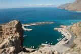 The harbour of Sfakia viewed fromthe hill with the ruined fort above the village and the harbour